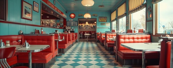 A vintagestyle hotel cafeteria with retro decor and a classic American diner menu