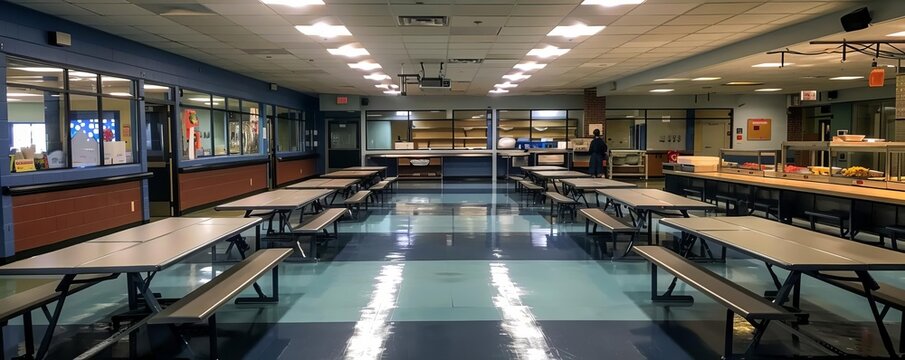 A quiet school cafeteria in the morning before students arrive, showing clean tables and a food serving area