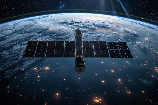 Striking image of a satellite traversing over the illuminated continents of the nighttime Earth