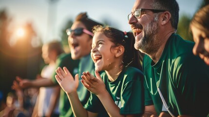 Parents and kids watching youth sports game, in the crowd at stadium cheering family playing baseball soccer field sport