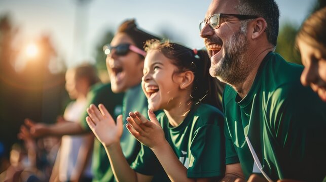 Parents and kids watching youth sports game, in the crowd at stadium cheering family playing baseball soccer field sport