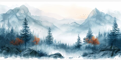Misty Mountain Landscape with Pine Trees and Rocks Generative AI