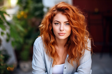A woman with red hair over background with selective focus and copy space