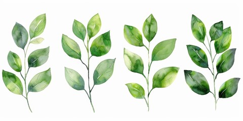 Watercolor Green Leaves and Twigs Botanical Elements Generative AI