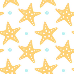 Seamless pattern with starfish, vector illustration. Starfish, summer background. Trendy pattern in flat style, design for wrapping paper, wallpaper, stickers, notebook cover.