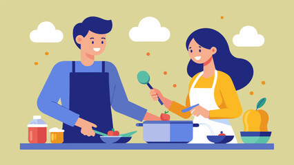 A couple cooking together seamlessly passing ingredients and utensils to each other and completing the dish without any verbal directions.. Vector illustration