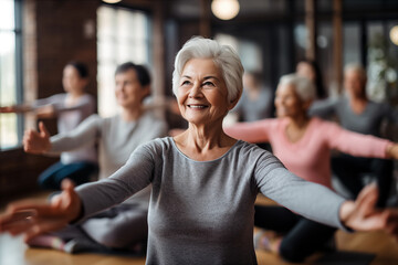 elderly womans with grey hair is practicing yoga, background with selective focus ,copy space