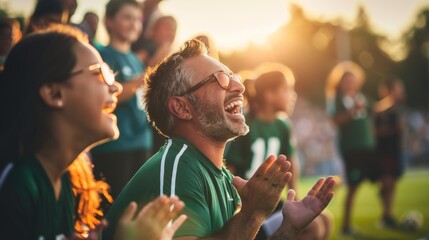 Parents and kids watching youth sports game, in the crowd at stadium cheering family playing baseball soccer field sport