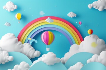 Whimsical Rainbow with clouds balls. Party shape. Generate Ai