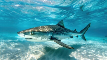 Fototapeta premium Tiger Shark in its Natural Habitat - Underwater View from Grand Bahama, Bahamas for Ocean & Animal