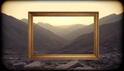 antique analog vintage rectangular photo frame against a mountainous landscape create with ai