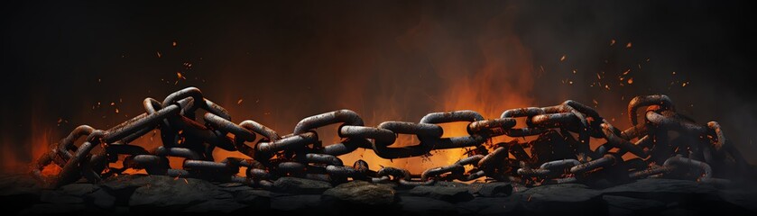 A chain of rusty chains is shown in a black and orange background