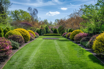 High-resolution image of a neatly trimmed spring garden with multi-hued shrubs and a round grassy center, no human presence