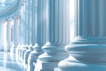 Close-up of tilted white pillars in a building against a backdrop of light blue and tZlu walls