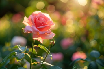 Obraz premium A single pink rose blossoming among a variety of flowers in a garden