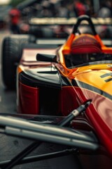 Colorful f1 racing cars in juicy red, brown, yellow and black speeding on the track
