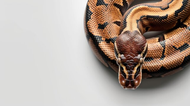 a Ball python against a pristine white background, showcasing its striking patterns and unique coloration in a minimalist setting.