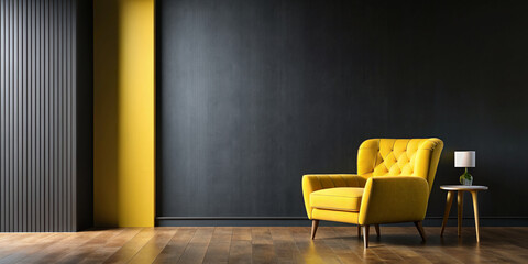 Wall mock-up in dark tones with yellow armchair on black wall background.