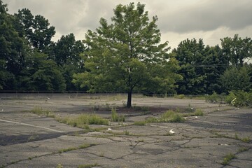 Nature Reclaims: Abandoned Parking Lot Overtaken by Trees and Weeds in City Landscape