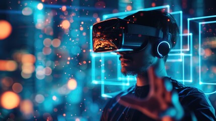 A woman dons a VR headset in a dimly lit room, immersing herself in a virtual reality experience for entertainment. AIG41