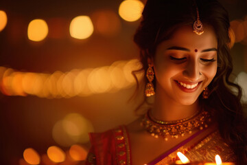 Obraz na płótnie Canvas happy beautiful indian woman in saree dress on diwali lights background