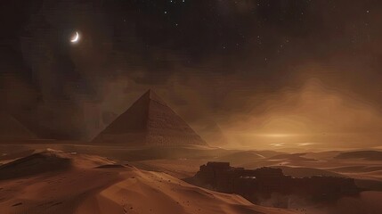 the Egyptian pyramids under a starry night sky, illuminated by the radiant glow of a full moon,...