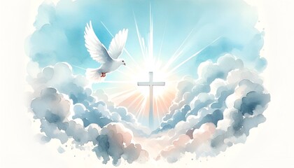 Watercolor illustration for whit monday with a white dove in flight against a a radiant white cross in clouds.