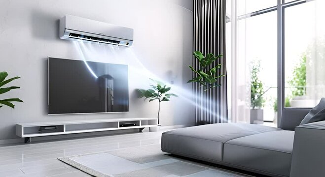 Modern white wall-mounted air conditioner blowing a blue stream of cold air in a modern scandinavian living room with copy space