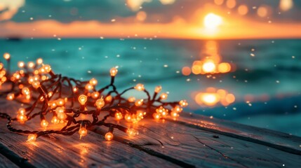 Decorative beautiful holiday lights. Background in beach style, summer concept