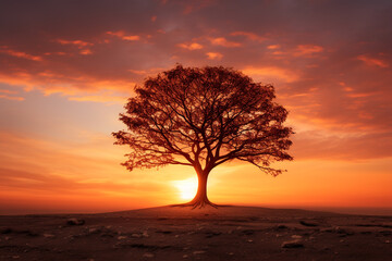 A lone tree silhouetted against the fiery hues of the setting sun, isolated on solid white background.