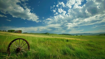 Majestic: Captivating Landscape with Green Rolling Fields, Old Wheel, and Vast Meadow