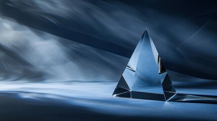 a glass triangle trophy against a serene light blue background, offering a captivating perspective with dynamic light reflections.