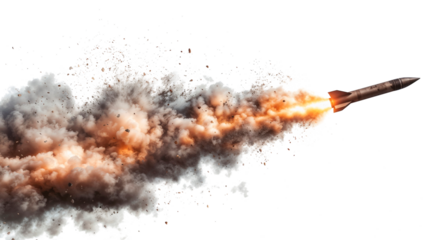 Missile with fire and smoke trail flying at high speed isolated on transparent background