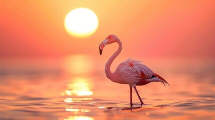 Lesser Flamingo at Sunset in Walvis Bay. Pink Birding Animal - obrazy, fototapety, plakaty