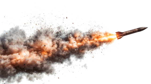 Missile with fire and smoke trail flying at high speed isolated on transparent background