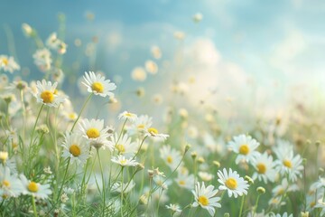 Field full of white daisies under the bright sun on a clear day, creating a picturesque scene