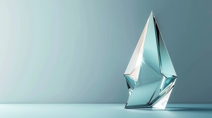 Fototapeta premium a glass triangle trophy against a serene light blue background, offering a captivating perspective with dynamic light reflections.