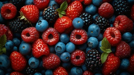   Berries, Raspberries, Blueberries, and Raspberries arranged in a large pile