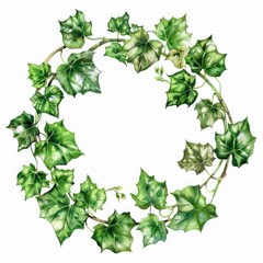 Green Ivy Wreath Watercolor Drawing. Hand Drawn Araliaceae Family Plant with Realistic Volume Look.