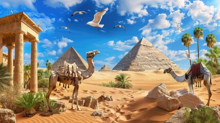 the Egyptian pyramids against a vast desert landscape, with a majestic camel traversing the sands...