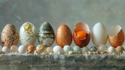   A cluster of eggs rests on a marble slab near a window