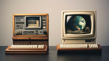 Two old fashioned computers with a keyboard and a monitor