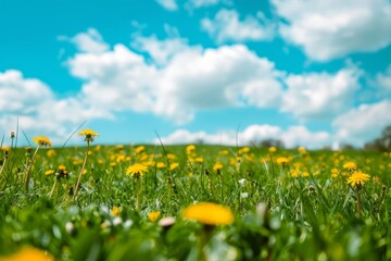 A wide-angle photo capturing a meadow field filled with vibrant yellow dandelions under a clear blue sky