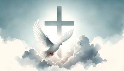 Illustration of a white dove in flight and a cross in the clouds for whit monday.
