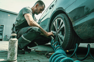 .A car service technician unscrews a wheel from a car using a pneumatic tool, close up view in...