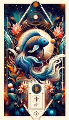 Obraz premium A vibrant illustration of a cosmic goldfish surrounded by Art Nouveau-inspired floral elements and celestial bodies, creating a mystical and symbolic representation of life and the universe.