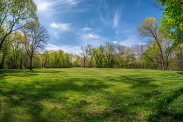 Obraz premium A wide-angle view of a spring landscape with blooming grass in a field surrounded by trees under a clear blue sky