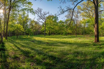 A wide-angle view of a spring landscape with blooming young grass covering a grassy field surrounded by trees - Powered by Adobe