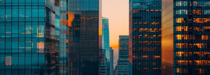 Modern glass skyscrapers in downtown San Francisco, close up, golden hour, green and blue tones, architectural photography Generative AI