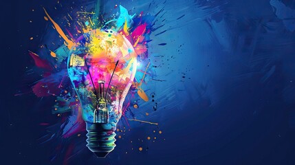 Creative light bulb explodes with colorful paint splashes and shards of glass on a black background. Think differently creative idea concept. Dry paint splatter. AI generated illustration.